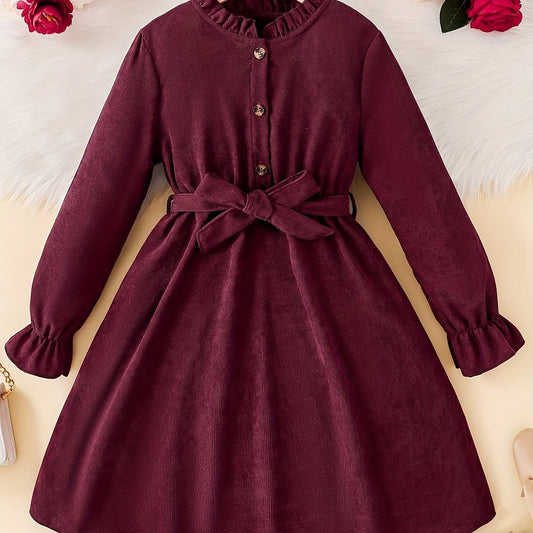 Vintage Ruffle Collar Corduroy Dress For Autumn/Winter With Belt