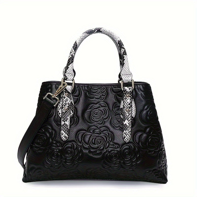 Floral Embossed Leather Tote Bag with Snake Print Handles
