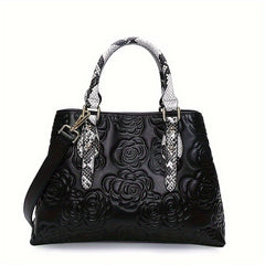 Floral Embossed Leather Tote Bag with Snake Print Handles