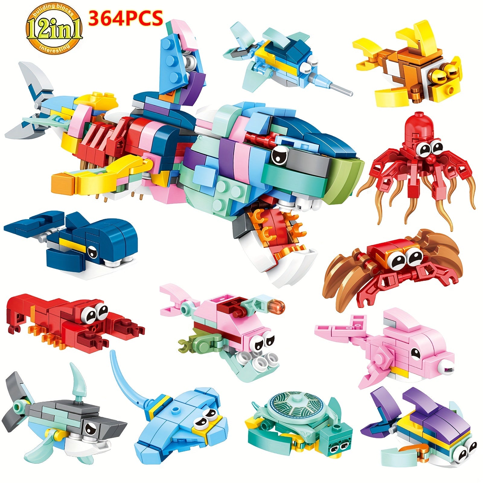 12 Ocean Animal Building Blocks Set - Playful Creatures & Giant Shark