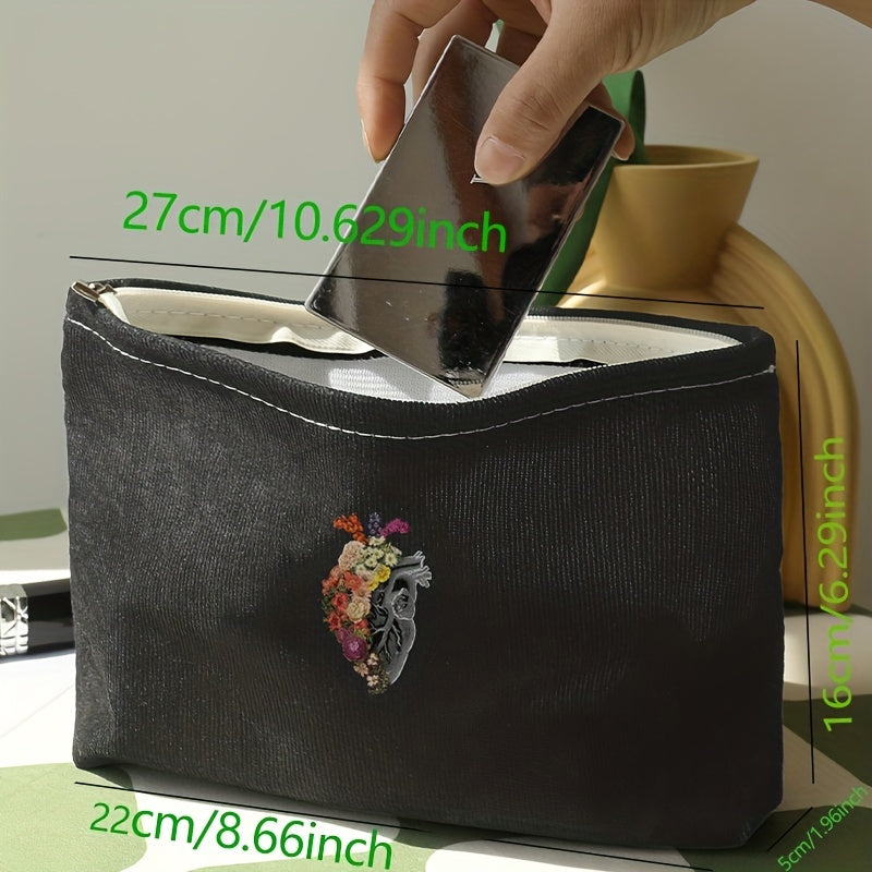 Halloween Flower Heart Print Cosmetic Bag Gothic Zipper Travel Storage Bag
