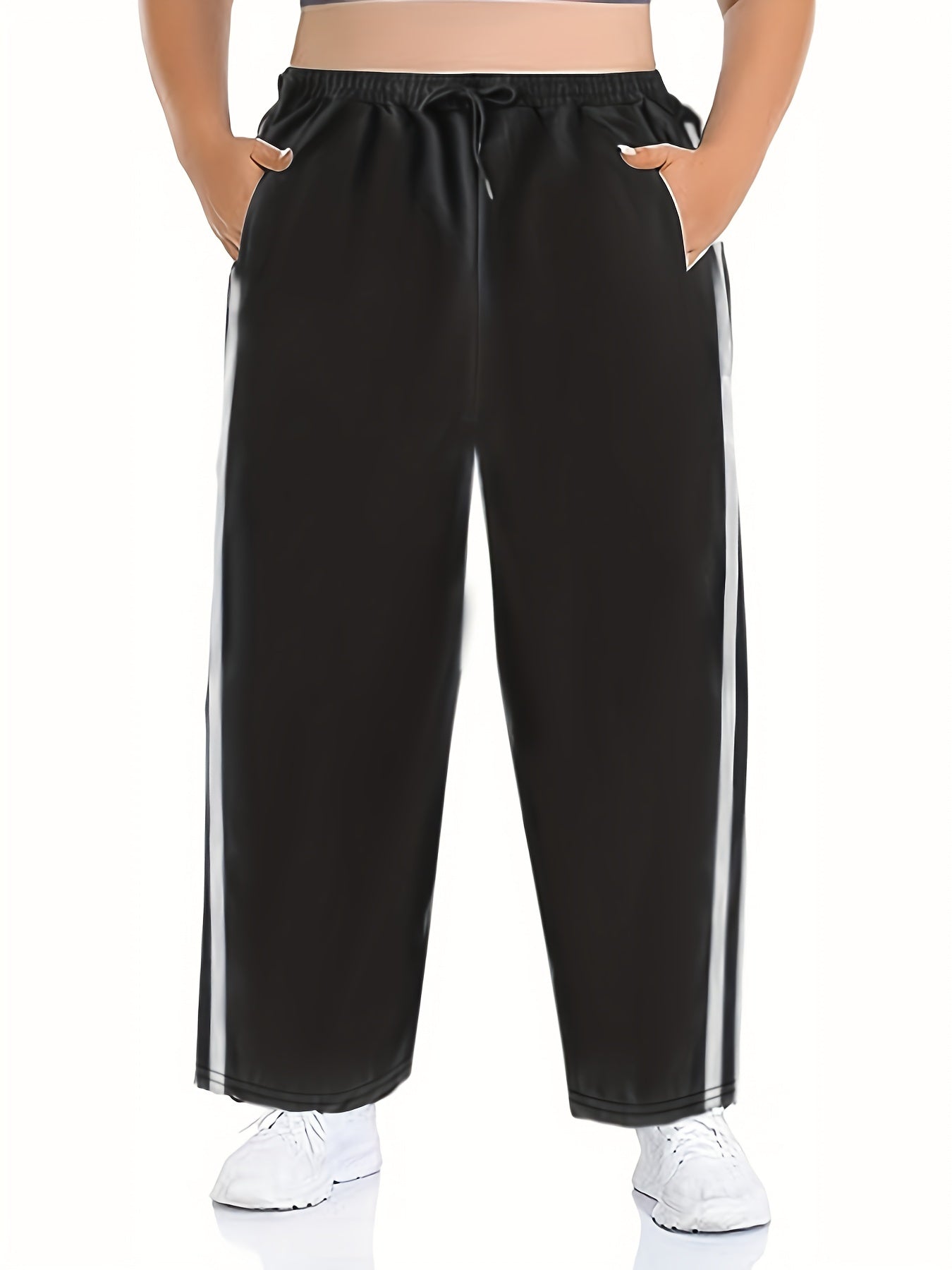  Stripe Print Wide Leg Trousers With Pockets