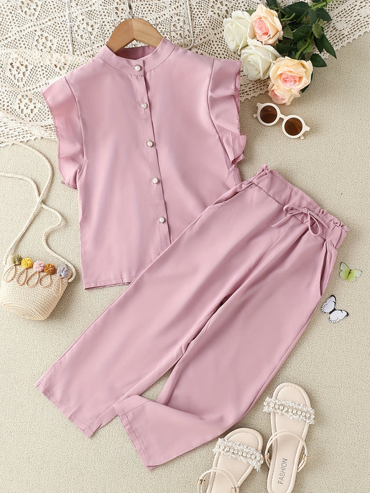 2pcs Toddler Girls Flutter Sleeve Button Blouse & Bow Wide Leg Pants Set