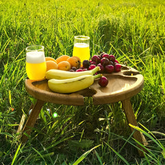 Portable Wooden Wine Table Keeps Glasses & Bottle in Place