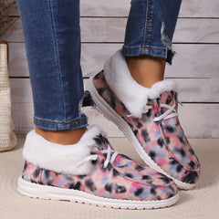 Women's Tie Dye Fluffy Snow Boots Warm & Comfy Slip On Flat Shoes