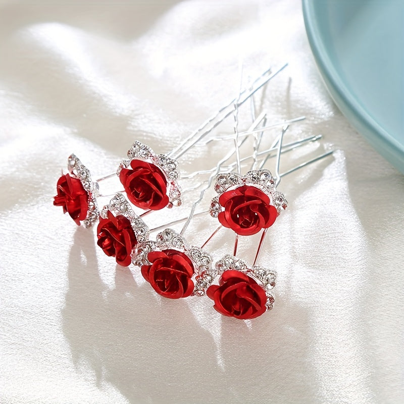 6pcs Rose & Rhinestone Hair Pins Bridal Wedding Headwear