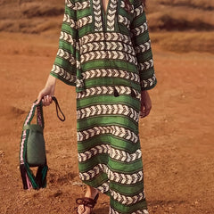 Geometric Print Tassel Trim V Neck Maxi Dress