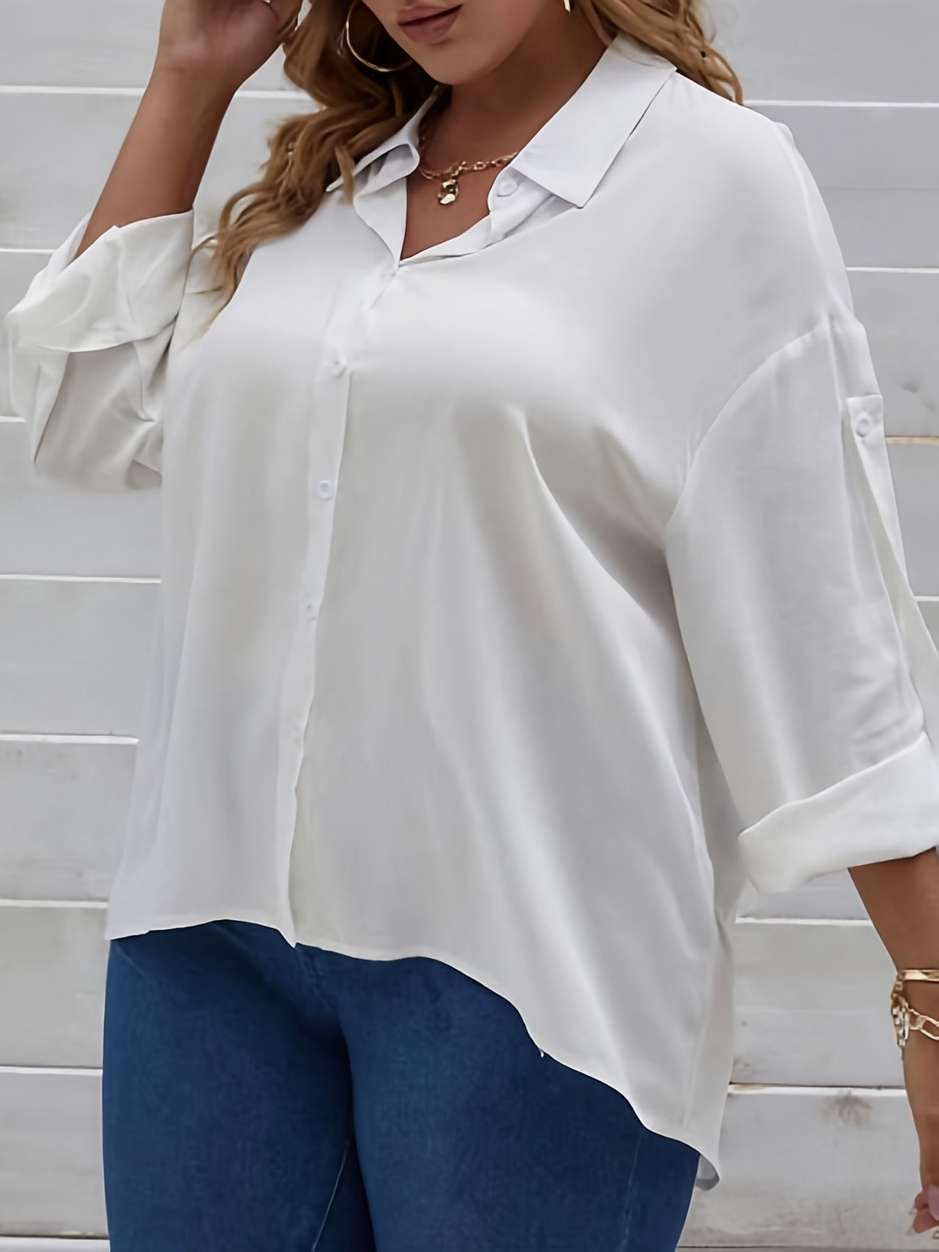  Basic Blouse Women's Plus Plain Turn Down Collar Button Up Shirt