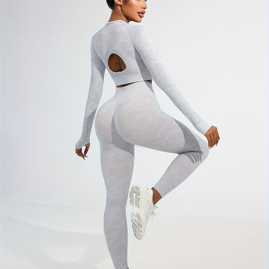 2pcs Slim Fit Yoga Sports Set Solid Long Sleeve Crop Tops & High Waist