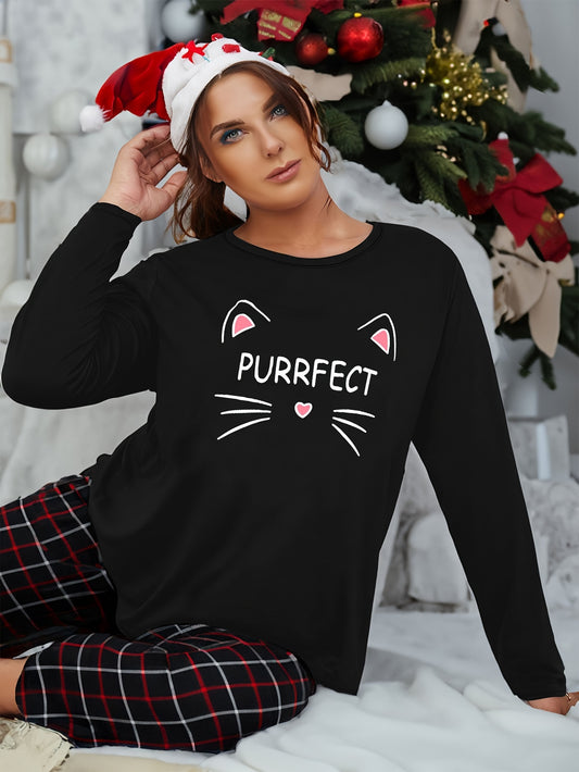 Women's Plus Size Letter & Cat Print Long Sleeve Loungewear Top