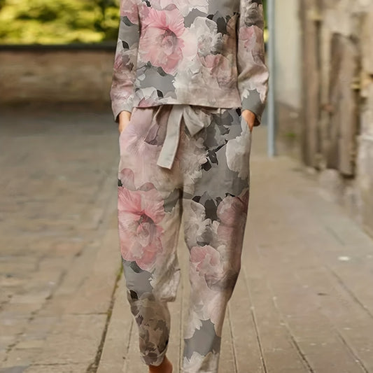 Women's Plus Floral Print Round Neck Top & Drawstring Pants Set