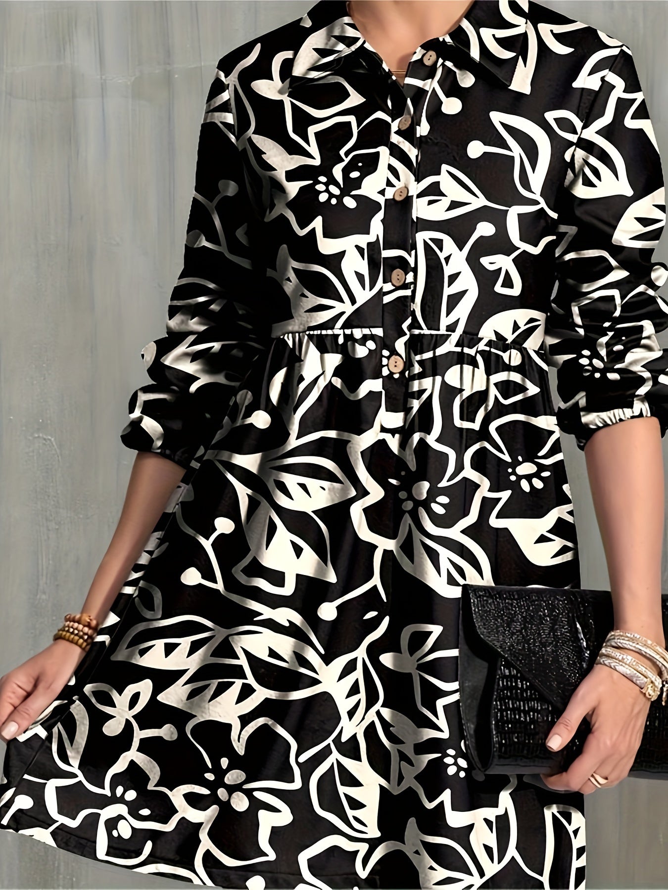  Floral Print Button Up Lantern Sleeve Mini Shirt Dress