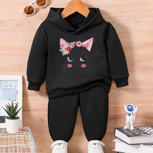 KITTY & FLOWER Print Toddler Outfit Set for Fall Winter