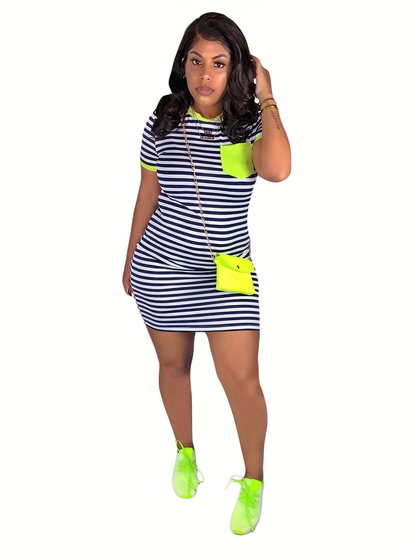 Women's Stripe Print Casual Dress Short Sleeve Round Neck