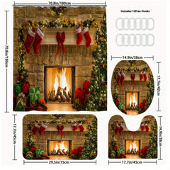 Christmas Fireplace Shower Curtain Set with 12 Hooks