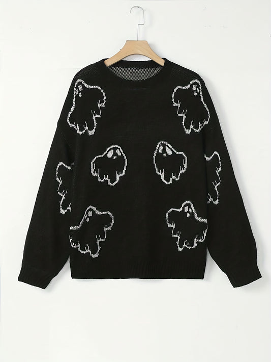 Women's Plus Ghost Pattern Halloween Sweater Long Sleeve Pullover