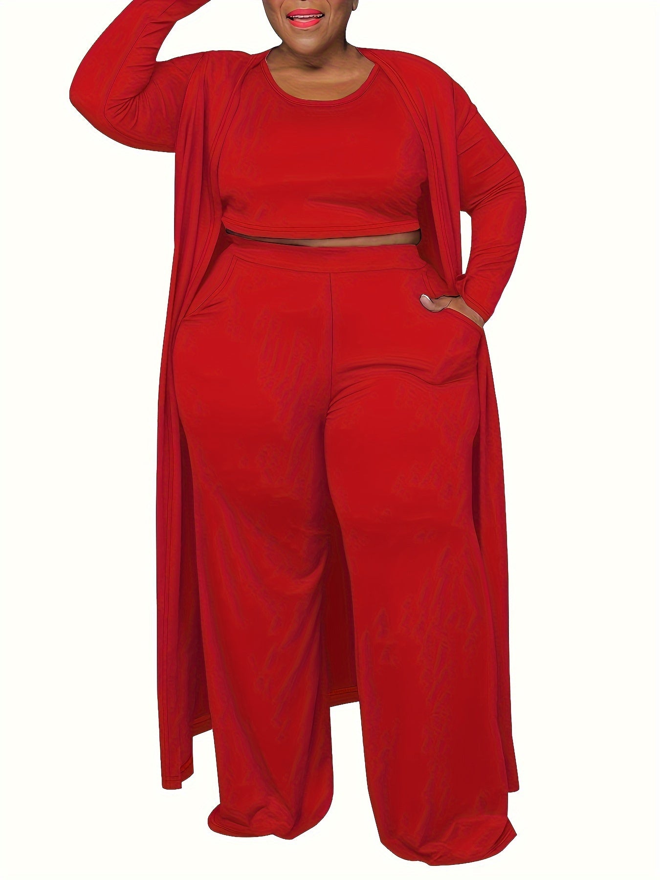  Solid Long Cardigan & Crop Tank Top & Leggings 3pc Set