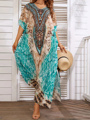  Tile Print Bat Sleeve V Neck Cover Up Dress