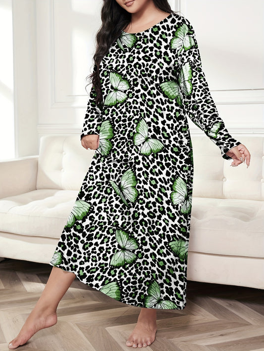  Leopard & Butterfly Print Long Sleeve Nightdress