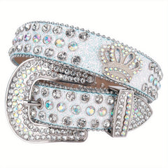 Crown Rhinestone PU Leather Belt Western Cowboy Crown Belt