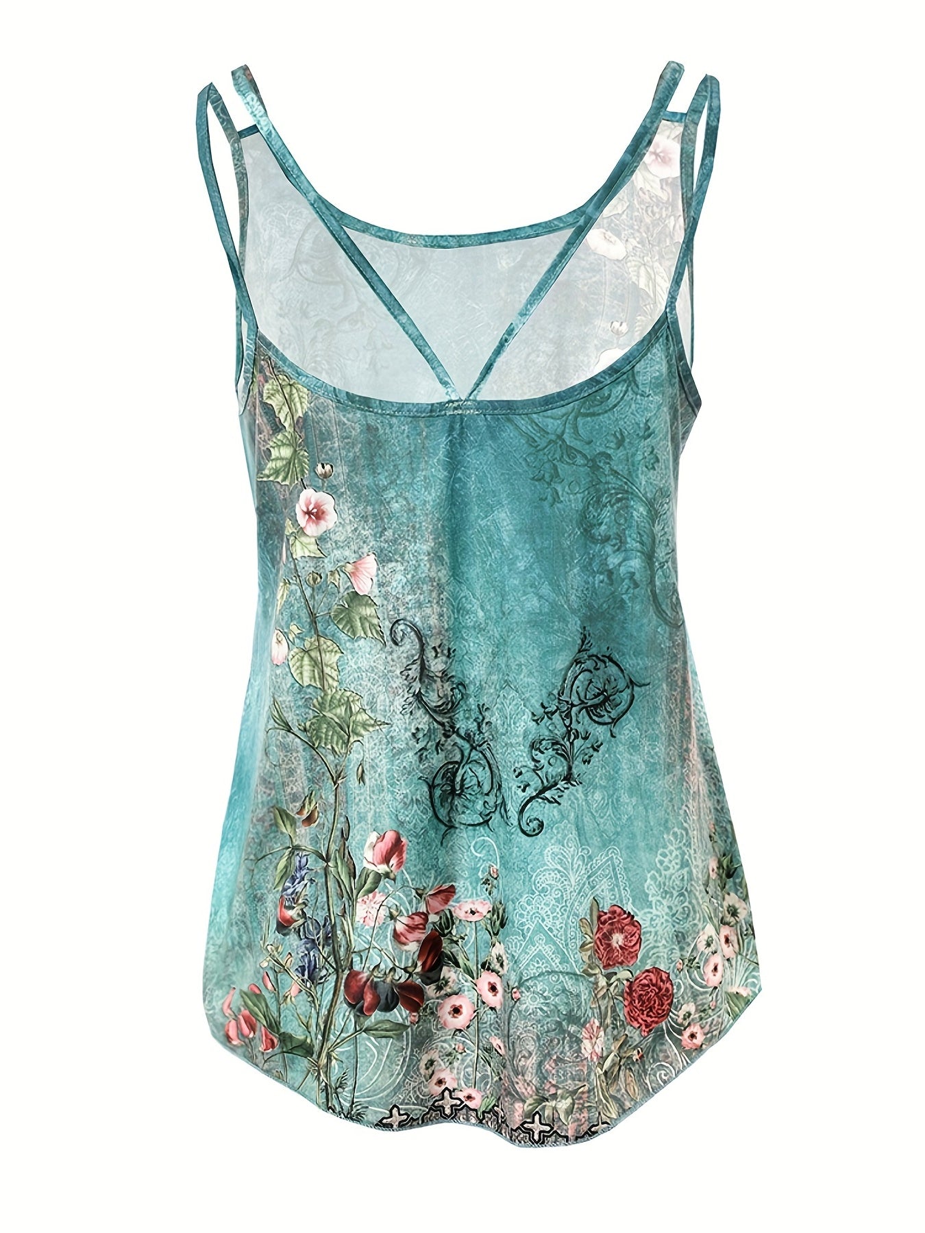 Floral Print Double Strap Top Crew Neck Cami