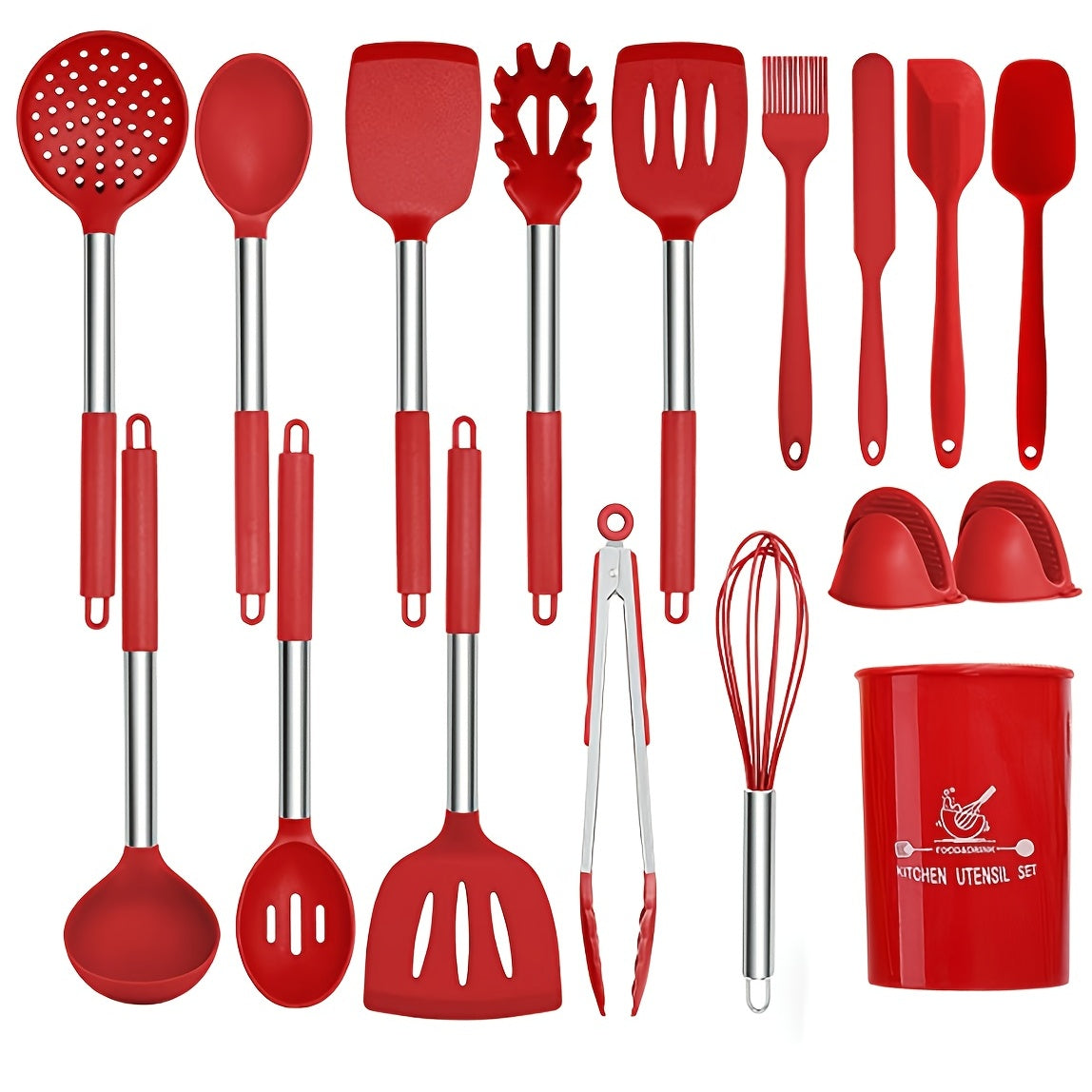 17pc Non Stick Silicone Cooking Utensil Set with Stainless Steel Handles
