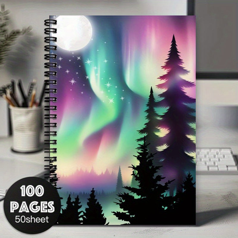 Aurora Borealis Spiral Notebook - 100 Pages - Northern Lights & Pine Trees