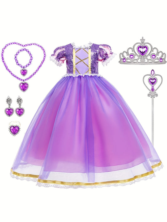 6pcs Girls Purple Princess Dress Costume Jewelry & Flower Hairband