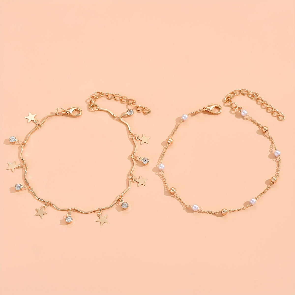 2Pcs Star Tassel Anklet Set Rhinestone Inlaid Chain Bracelet