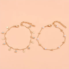 2Pcs Star Tassel Anklet Set Rhinestone Inlaid Chain Bracelet