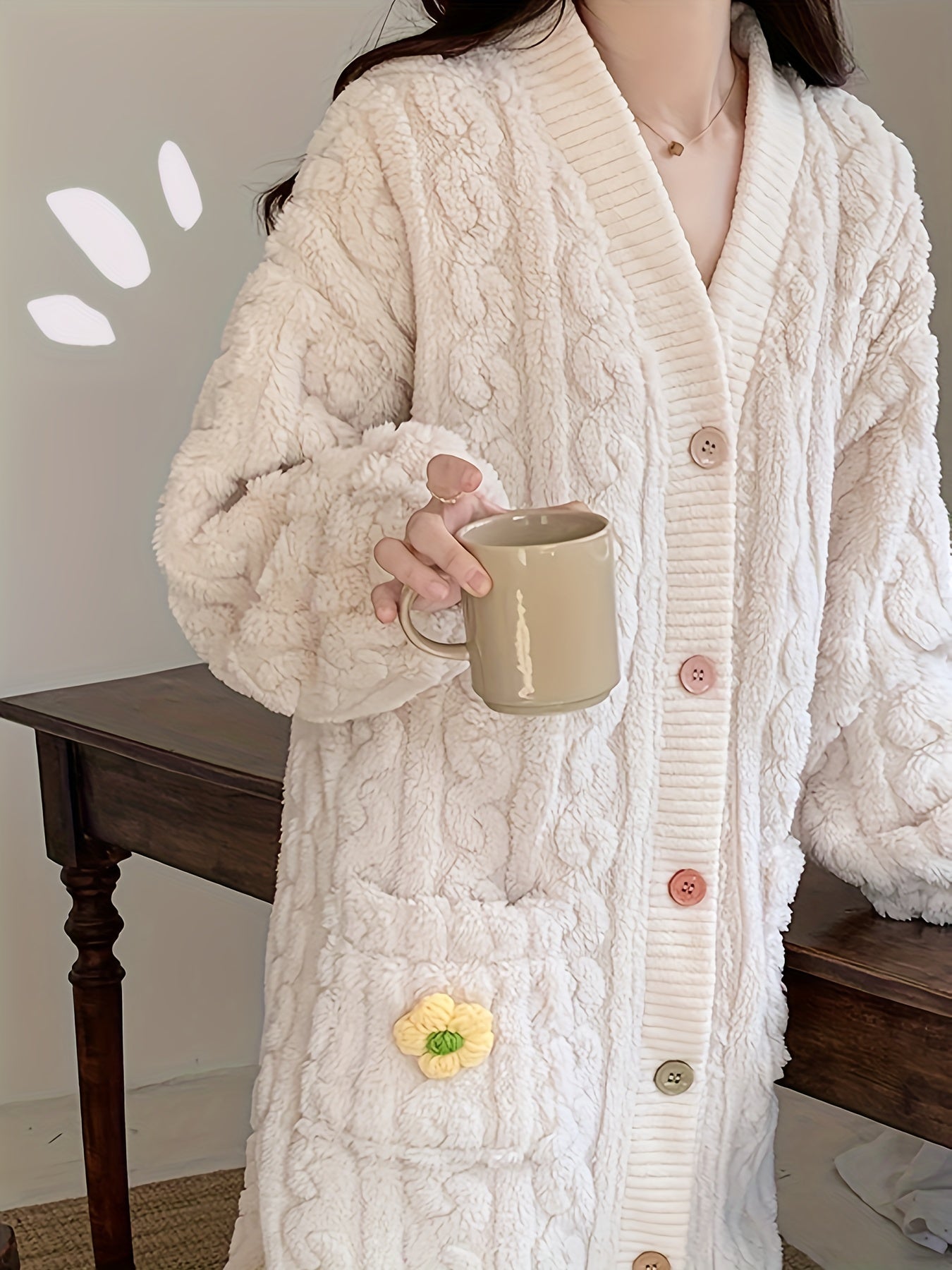 Floral Decor Fuzzy Night Robe Long Sleeve V Neck Buttons Robe With Pockets