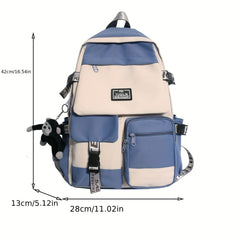 Colorblock Zipper Backpack Preppy School Bag Chain Decor Daypack