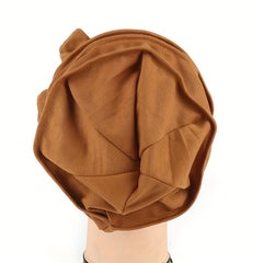 Double Flower Decor Turban Cap Head Wrap Solid Elastic Beanies Lightweight