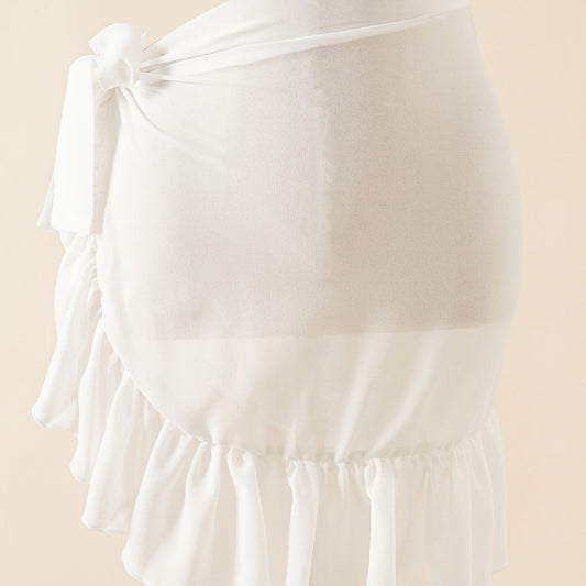 Random Print Ruffle Cover Up Skirt Semi Sheer Wrap