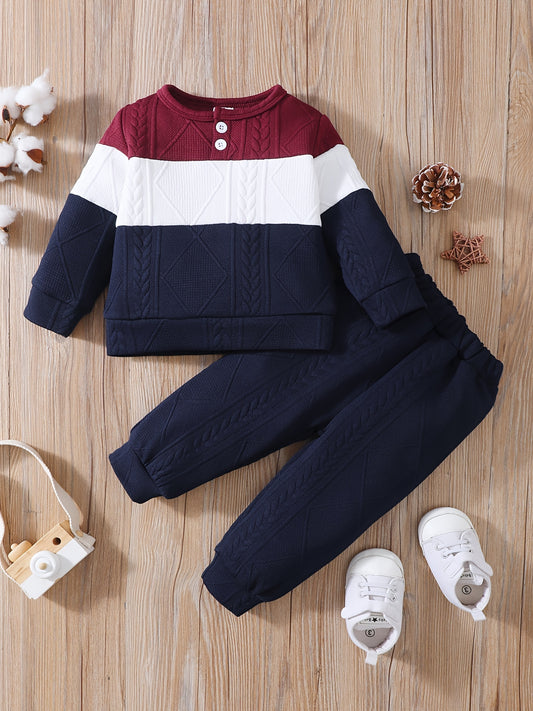Boys Casual Knitted Block Pullover Top & Pants Set