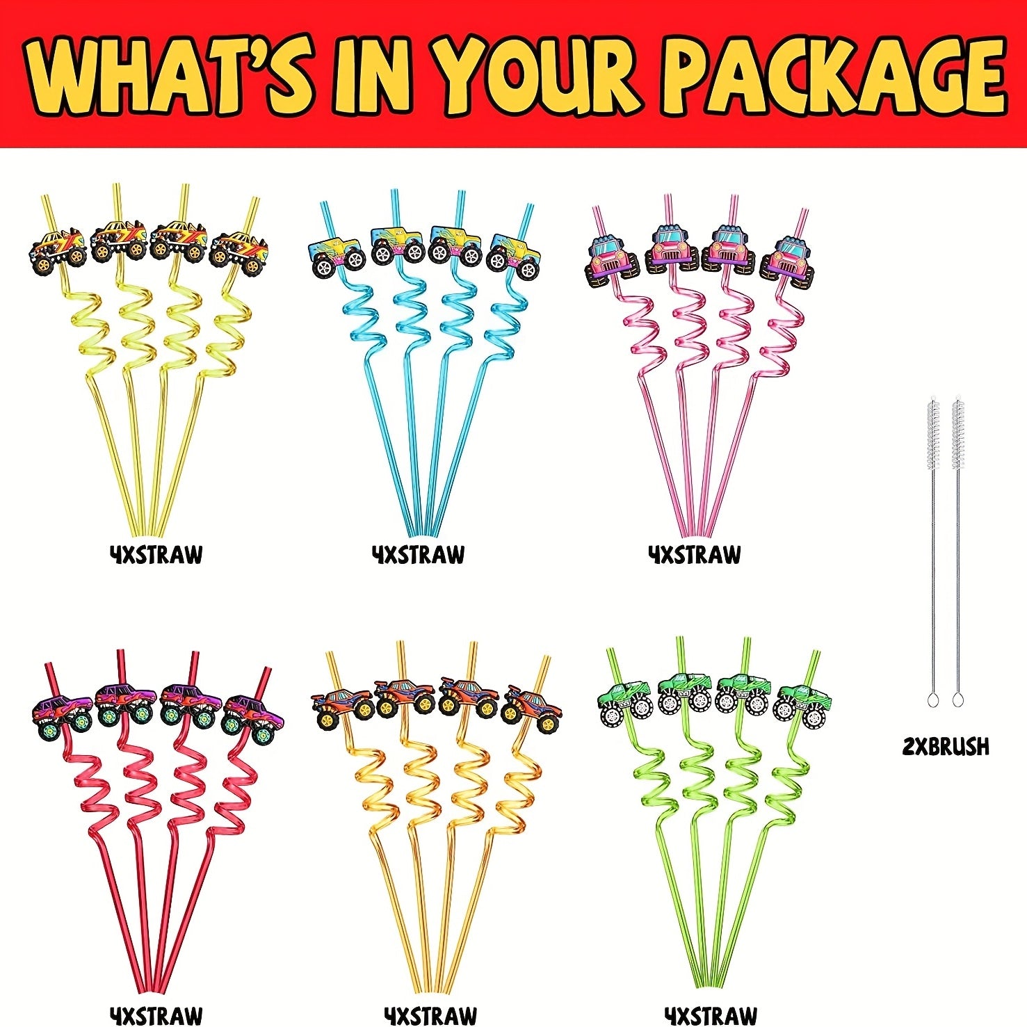 24pcs Monster Truck Big Cars Plastic Straws & 2pcs Brushes