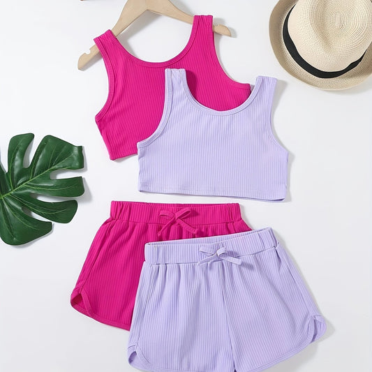 Girls Ribbed Crop Tank Top & Track Shorts Set Kids Summer Clothes