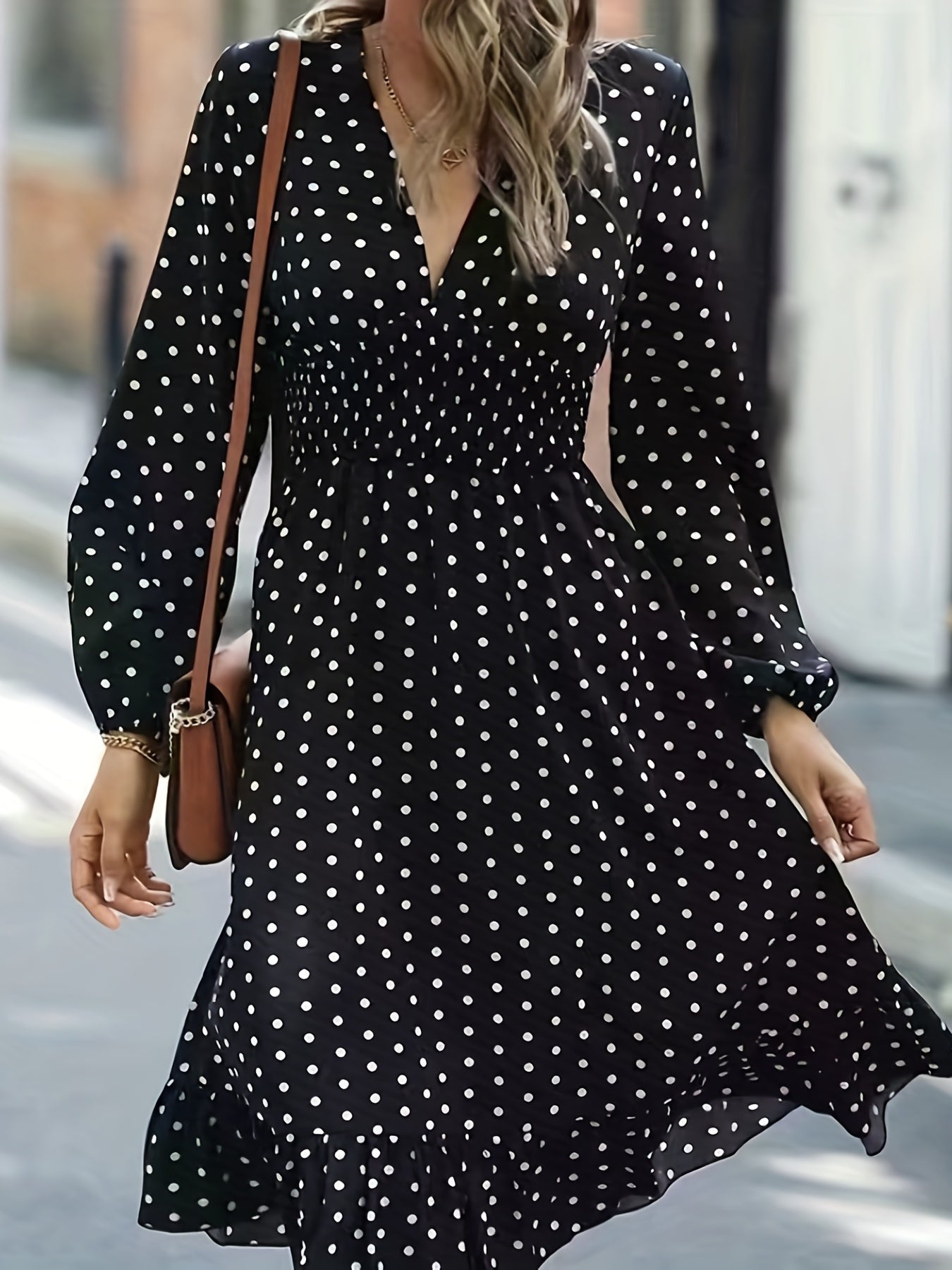  Polka Dot Print Lantern Sleeve V Neck Ruffle Trim Midi Dress