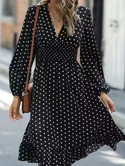  Polka Dot Print Lantern Sleeve V Neck Ruffle Trim Midi Dress