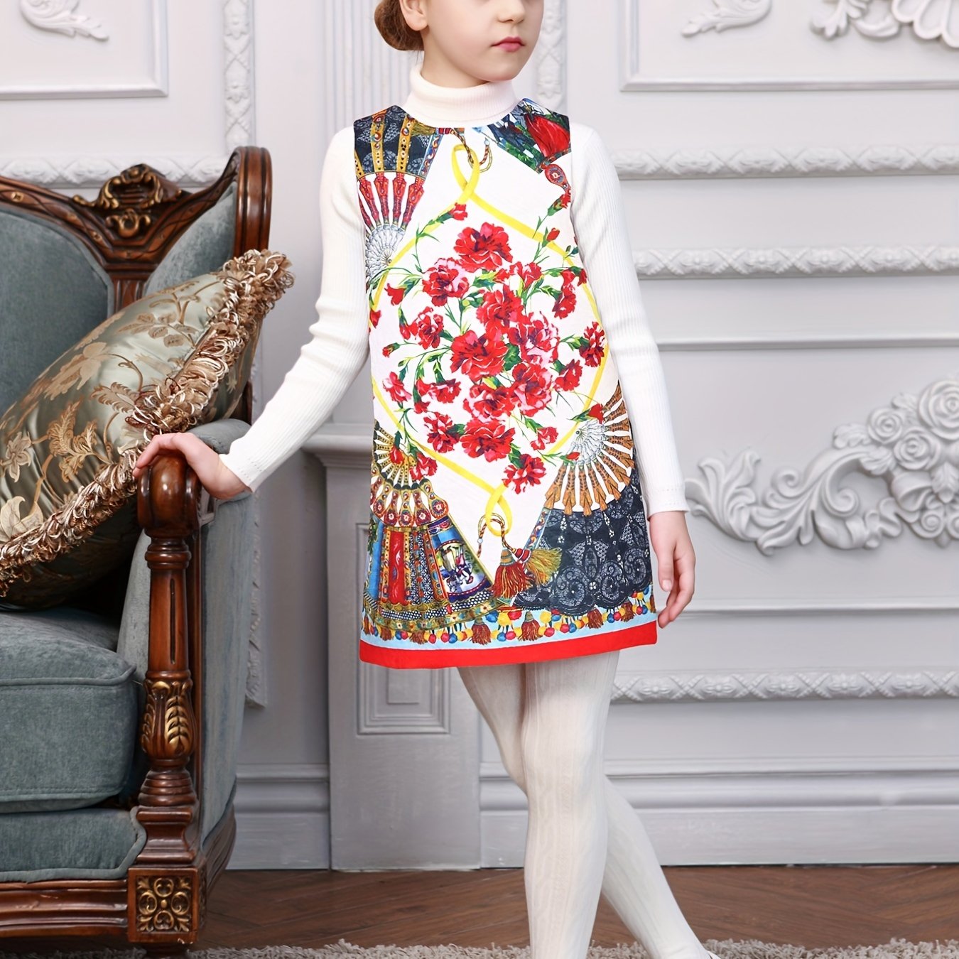 Girls' Vest Dress Ethnic Floral Digital Print Sleeveless Dress
