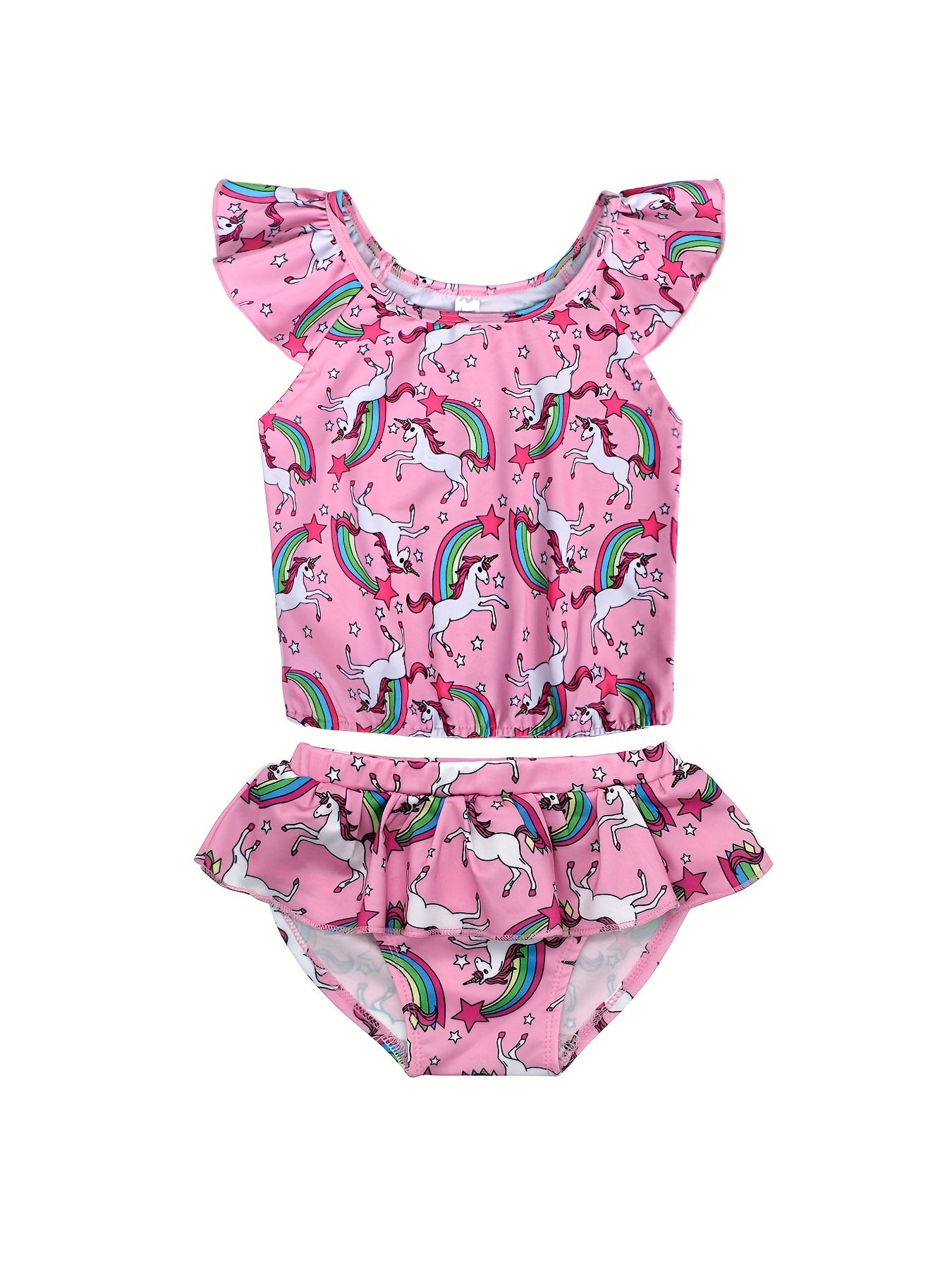 Girls Unicorn Bikini Tankini Swimsuit Ruffle Trim Top & Shorts Set