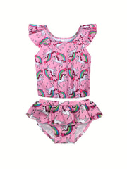 Girls Unicorn Bikini Tankini Swimsuit Ruffle Trim Top & Shorts Set