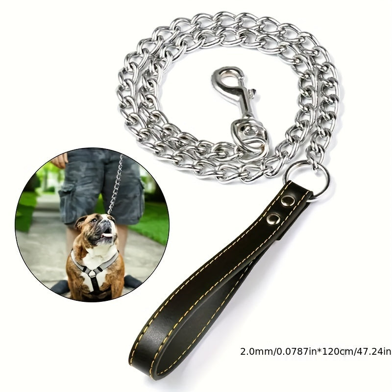 Metal Chain Dog Lead with Leather Handle - Training Leash for Indoor Outdoor