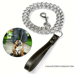 Metal Chain Dog Lead with Leather Handle - Training Leash for Indoor Outdoor