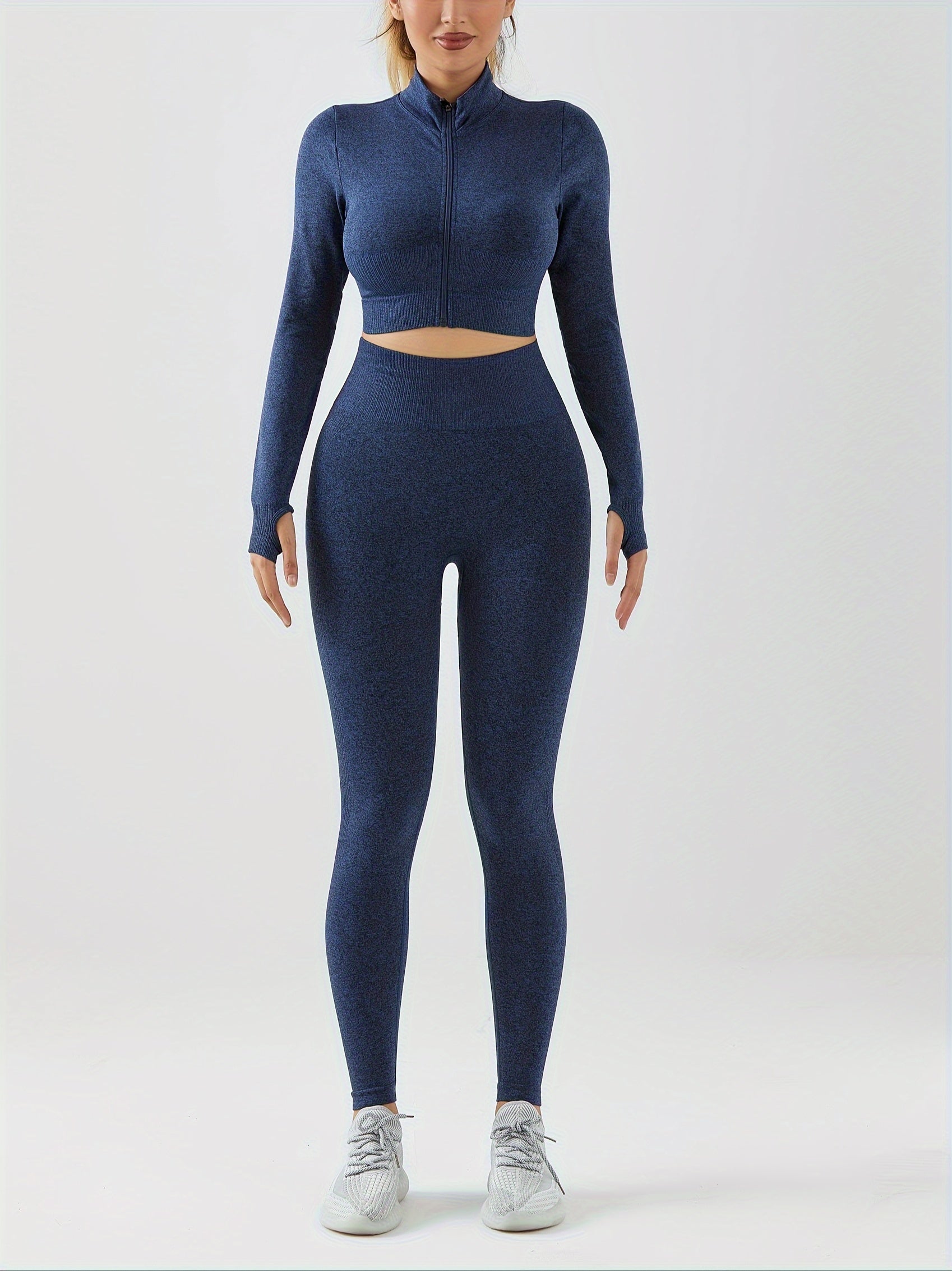 2pcs Workout Set Long Sleeve Top & High Waist Leggings Suit Women's Activewear
