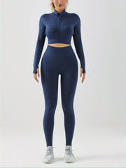 2pcs Workout Set Long Sleeve Top & High Waist Leggings Suit Women's Activewear