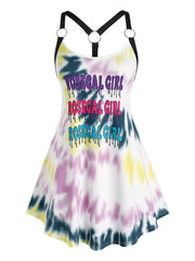  Tie Dye Letter Print O Ring Straps Tank Top Women's Plus V Neck Top