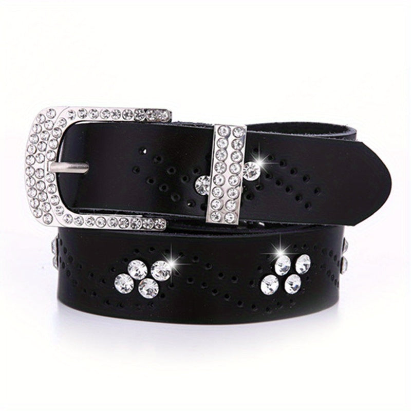 Rhinestone Leather Belt Hollow Design Casual Jeans Belt for Women