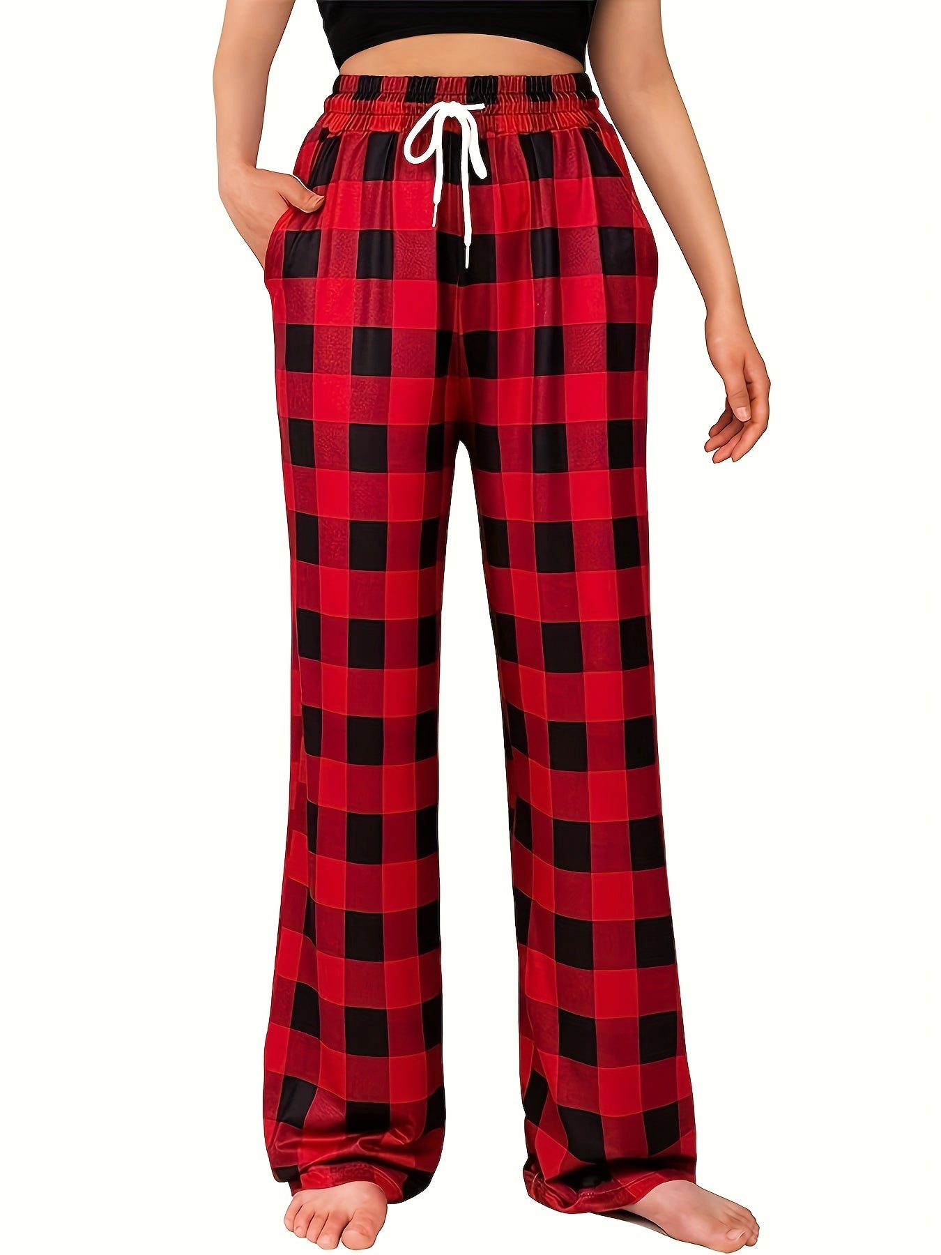 Colorblock Plaid Lounge Pants Drawstring Lace Up Womens Loungewear