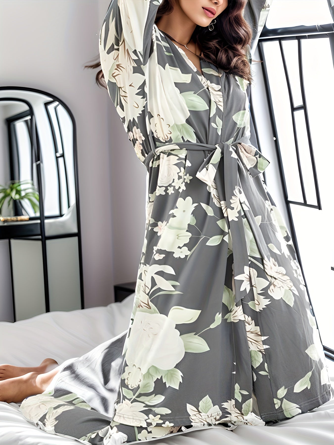 Floral Print Pajama Set Robe Top Pants Women's Sleepwear